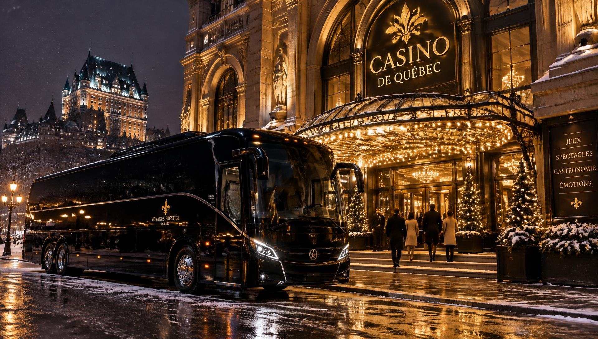 Black luxury coach parked outside a casino resort entrance on a snowy night