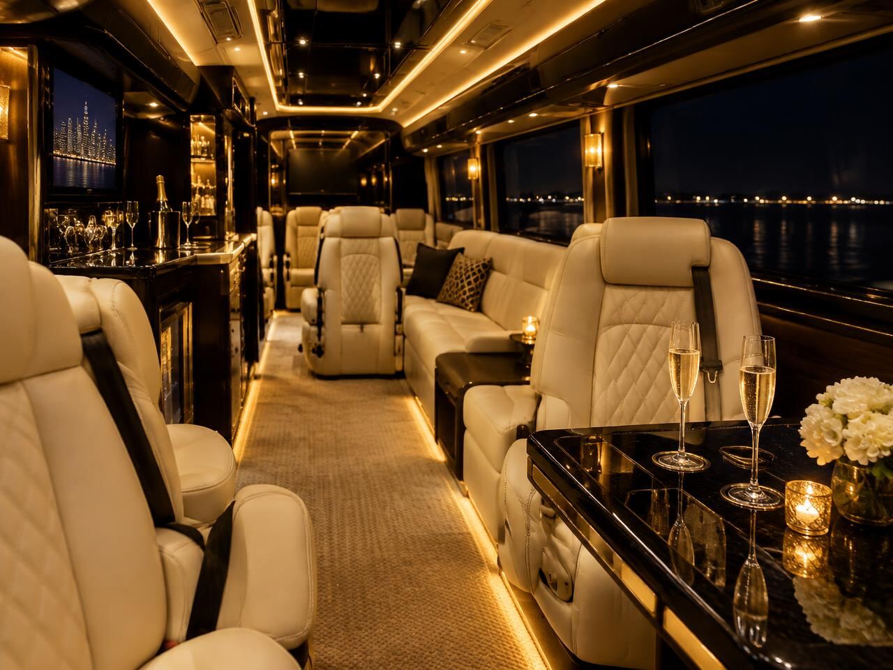 Executive coach interior with leather seats